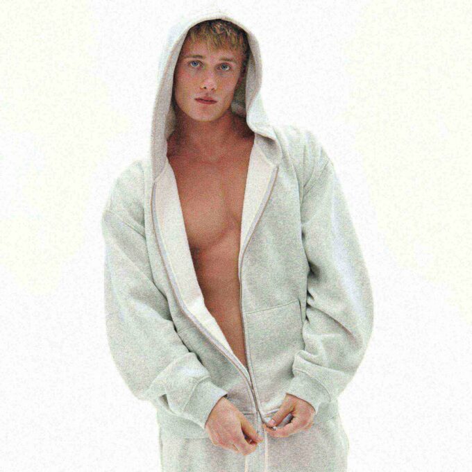 FLEECE LOUNGE HERR AVSLAPPEN HOODIE MED DRAGKEDJA